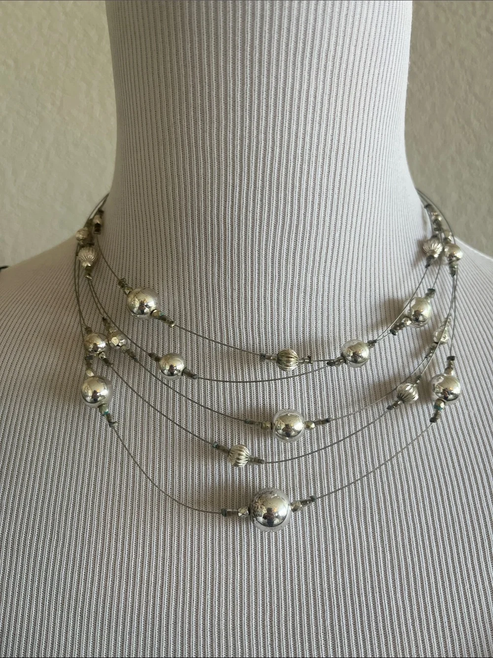 Multi-Strand Silver Bead Wire Necklace - Elegant Layered Look